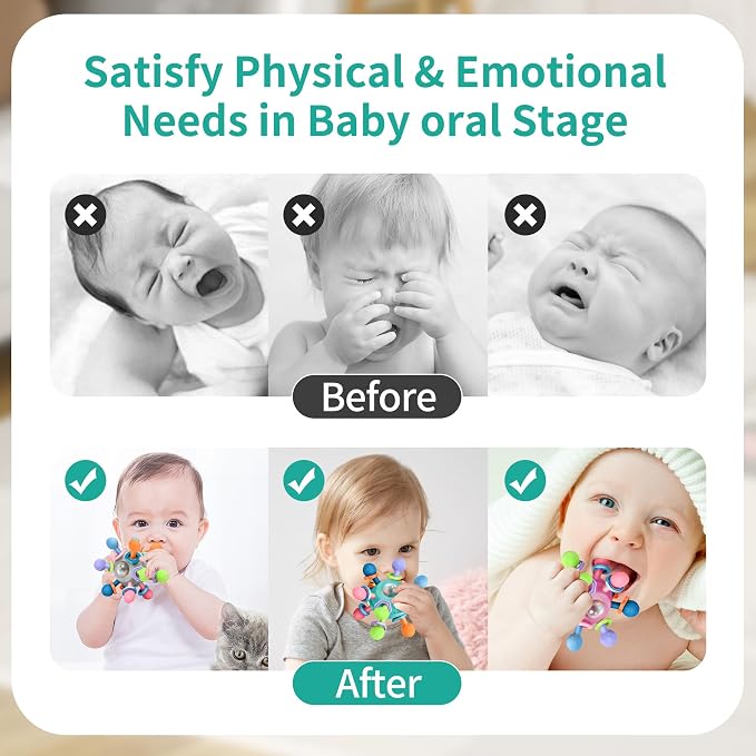 Baby Montessori Teething Toys for 0-6 6-12 Months Infant Teethers Sensory Toys for Babies 0 3 6 9 12 18 Months Learning Developmental Chew Rattle Toys Shower Gifts for 1 2 Year Old Girls Boys Yellow