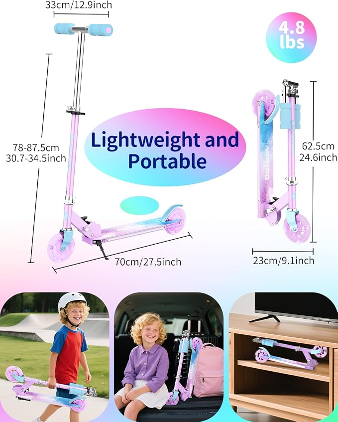 BELEEV V1 Scooters for Kids, 2 Wheel Folding Kick Scooter for Girls Boys, 3 Adjustable Height, Light Up Wheels, Lightweight Scooter with Sturdy Frame, Kickstand for Children 3 to 12 Years Old