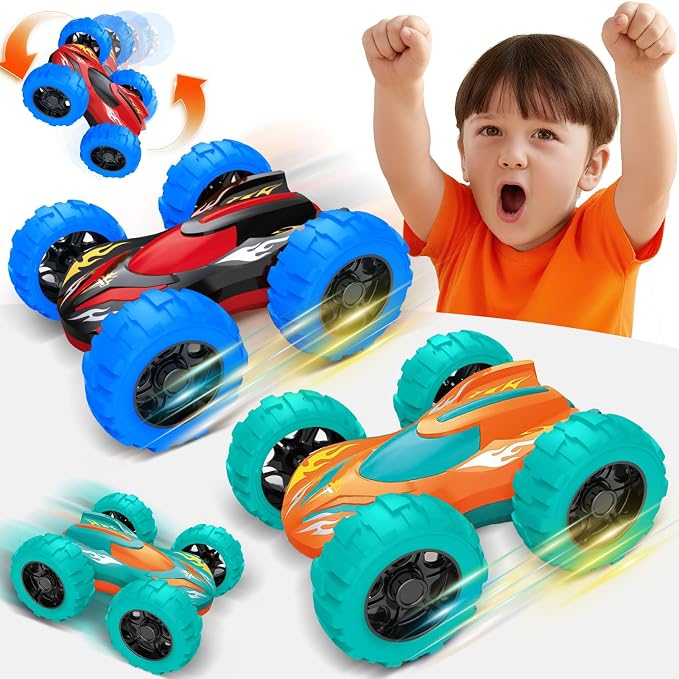 2 Pack Car Toys for 3 4 5 Years Old Boys, Sturdy Friction Powered Monster Truck Toys, Double-Side Stunt Vehicles, Push and Go Cars, Sand Toy, Easter Christmas Birthday Gift for Boys Girls Kids Toddler