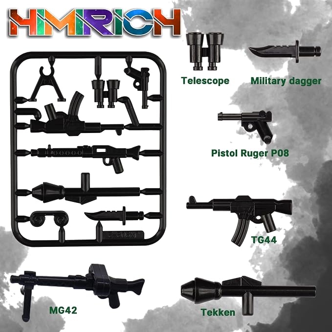 Military Weapons Pack 41 Pcs German Accessories Kits Toys, Army Equipment Gear WW2 Guns for Boys 6+, Compatible with Mini Figure of Major Brand
