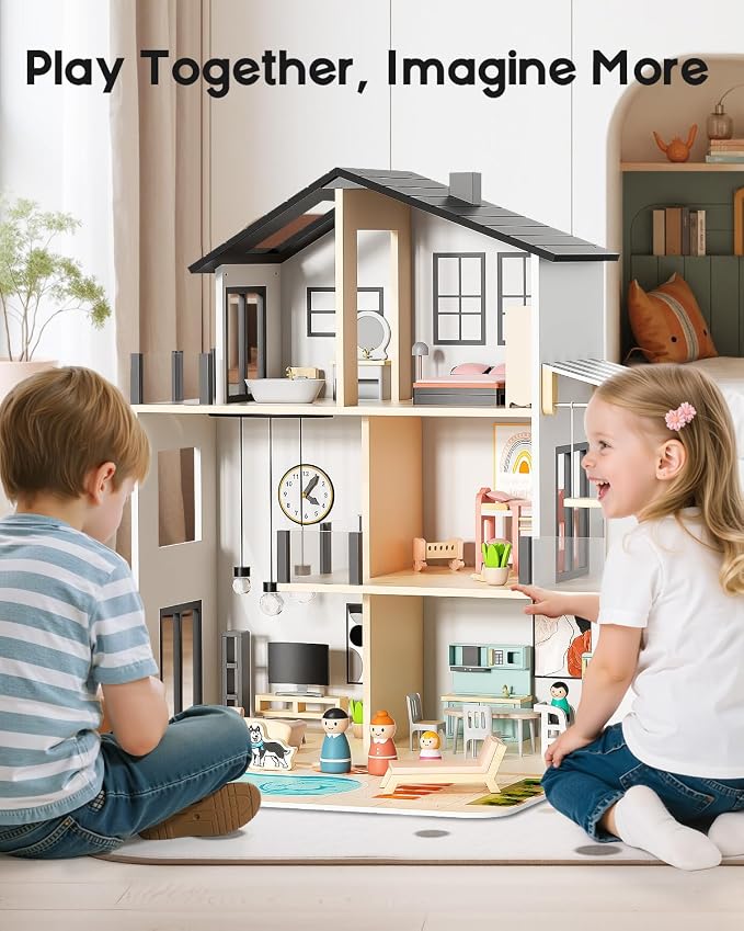 BIERUM Wooden Dollhouse, Large Modern Doll House with 44Pcs Furniture Accessories, Dolls & Pets, DIY Puzzle Pool Yard, Wood Dollhouse Toy for Toddlers 3+, Ideal Gift for Boys and Girls (Black)