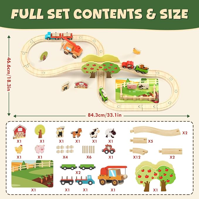 Lehoo Castle Wooden Train Set for Toddlers 2-4 - Wooden Train Track Set for Kids, Farm Animal Train Toys for 3 4 5 6 Year Old Boy Girl Birthday Gifts
