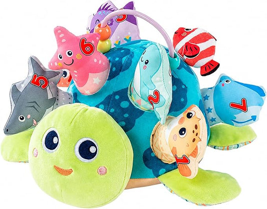 Baby Sensory Pull Out Toys – Soft Plush Turtle with 8 Detachable Baby Animals, Crinkle Paper & Rattle, Montessori Fine Motor Skill Toy for 6-12 Months Infant, Toddler 1-3 Year Old