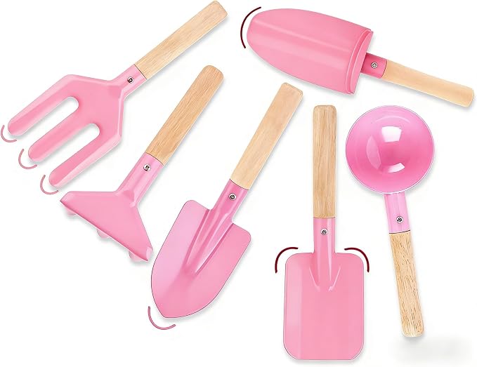6 Piece Kids Gardening Tools, Children Beach Sand Toys, Made of Metal with Sturdy Wooden Handle, Safe Beach Gardening Set, Spoon, Fork, Rake & Shovel, Gifts for Kids(Pink)