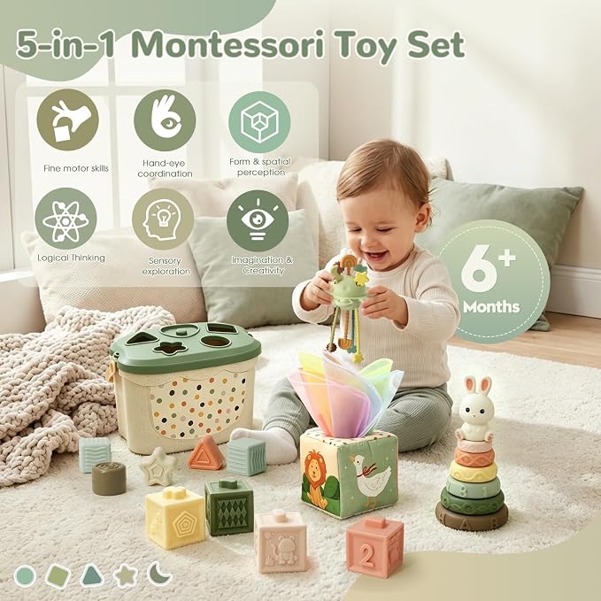 Baby Toys 6 to 12 Months, Montessori Toys for 6-9-18 Months with Shape Sorter Developmental Toys, Baby Blocks, Tissu Learning Sensory Toys Gift for 6-36 Months Girls Boys Infant Toys