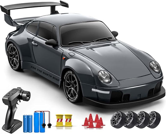 RC Drift Car, 1:24 Scale Remote Control Vehicle with LED Lights,Drifting Tires＆Two Batteries, Racing Sports Toy Idea Gift for Adults Boys Girls and Kids Gray