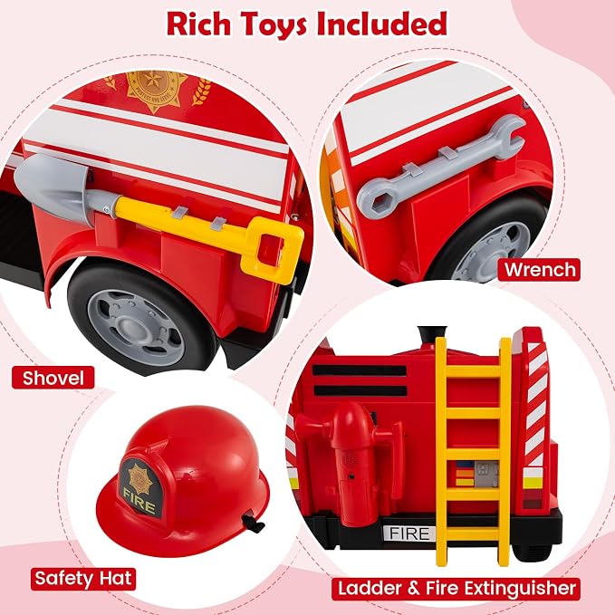 Costzon Ride on Fire Truck, 12V Toddler Fire Toy Kids Car w/Shovel & Wrench, Fire Extinguisher, Ladder, Safety Hat, 4 Anti-Slip Wheels, Music, Alarm, Horn, Electric Vehicle Gift for Toddlers (Red)
