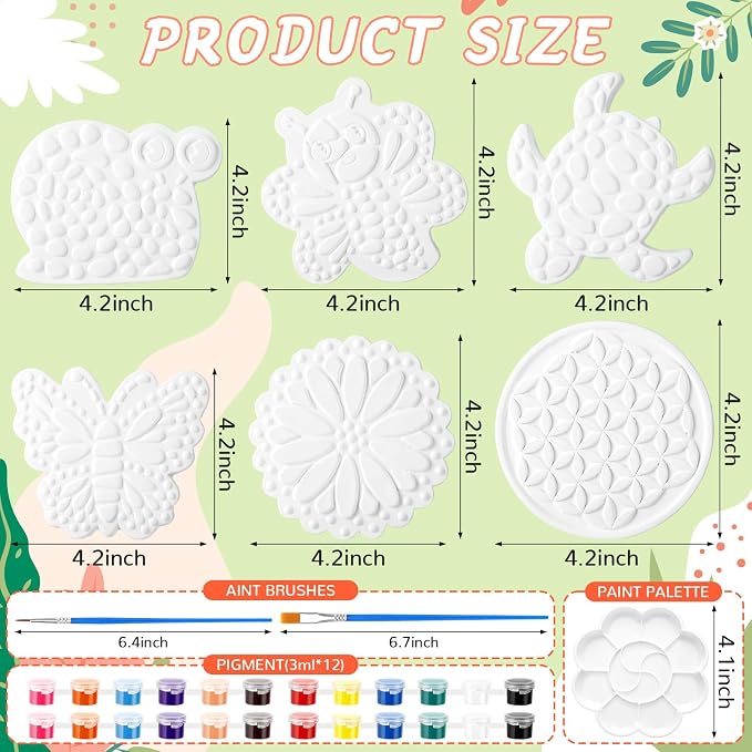 6 Pack Stepping Stone Ceramic Kit for Kids Paint Your Own Plaster Stones Arts and Crafts Handprint Garden and Summer DIY Craft Pottery Outdoor Painting Gifts for Kids Ages 4-12