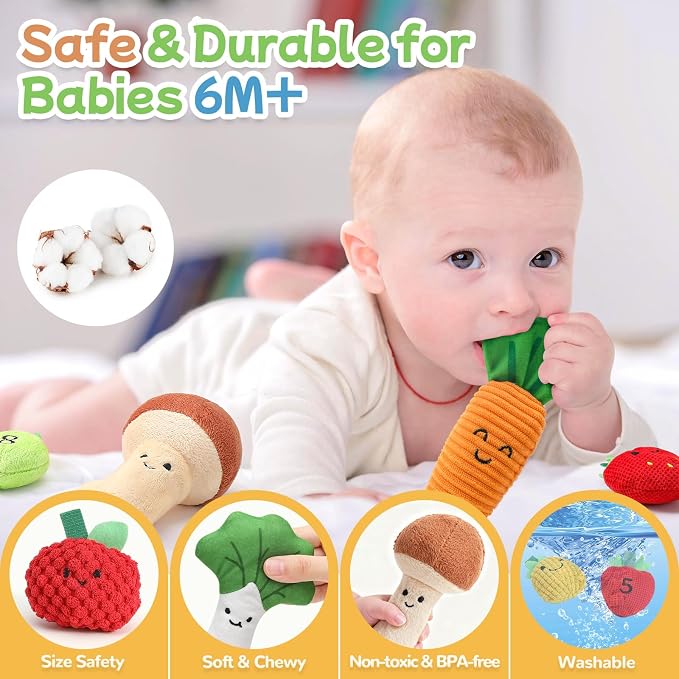 Mini Tudou Baby Toys 6-12 Months-Fruits Veggies Farm Stuffed Toys 15PCS-Sensory Educational Toy Mushroom Carrot with Rattle Squeaker Crinkle Texture Color Shape Number Matching Gifts