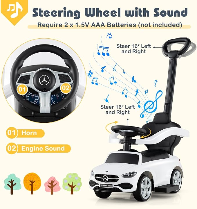 Costzon Push Car for Toddlers, 3 in 1 Mercedes Benz Stroller Sliding Walking Car w/Canopy, Handle, Safety Bar, Horn Sound, Underneath Storage, Foot-to-Floor Ride On Toy for Boys & Girls, White