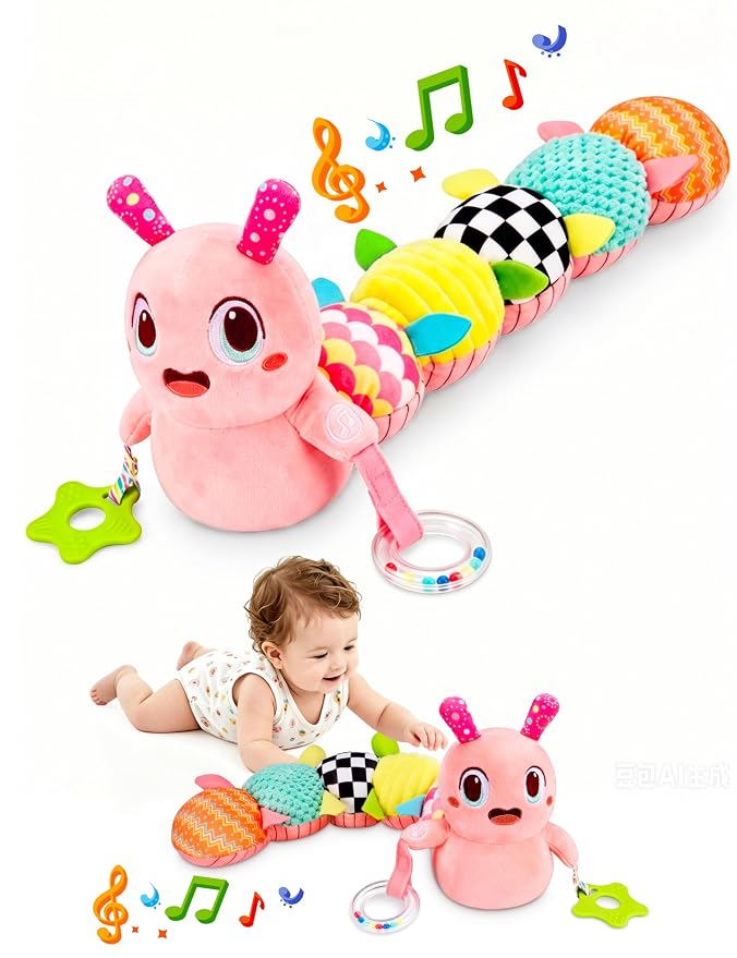 GoGonova Musical Caterpillar Baby Sensory Toy for Infant Development 0-12 Months – Newborn Bath, Car Seat, Stroller & Bassinet Activity Toy & Gift – Tummy Time Crawler & Teether(Pink)