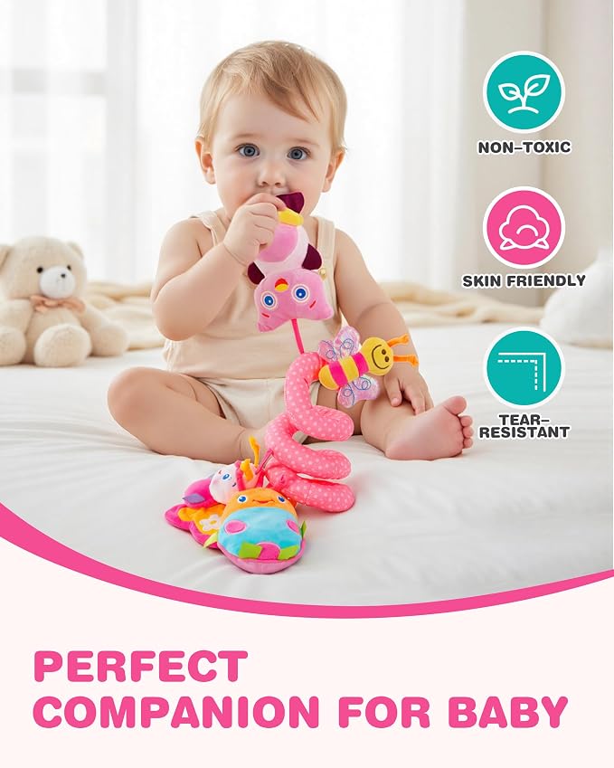 Jollybaby Crib Stroller Car Seat Toys for Baby 0-3-6-9-12 Months, Tummy Time Hanging Sensory Toys for Newborn with Music Box and Teether, Spiral Carseat Toy for Infant Boys Girls Gifts (13-Pink)