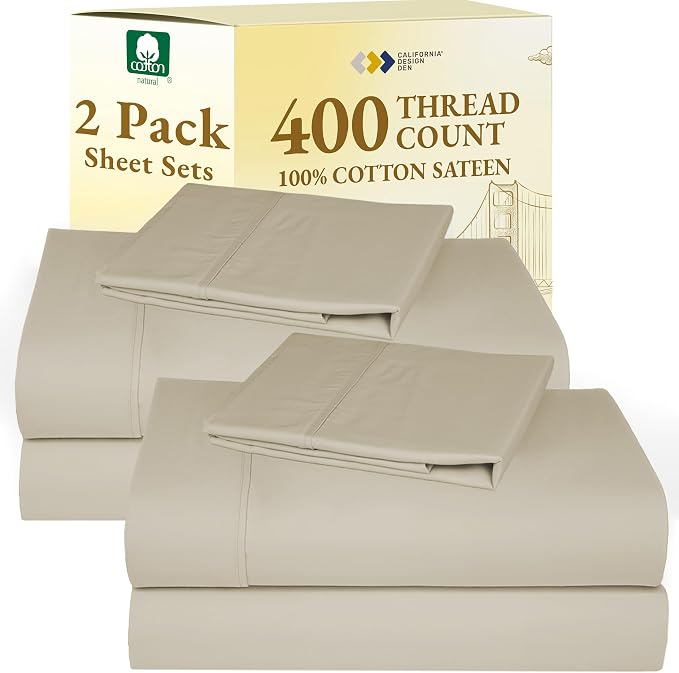 California Design Den Pack of 2 Twin XL Sheets Set - 400 Thread Count, Soft 100% Cotton Sateen, Deep Pocket XL Twin Sheets, Durable Bedding Set - Beige