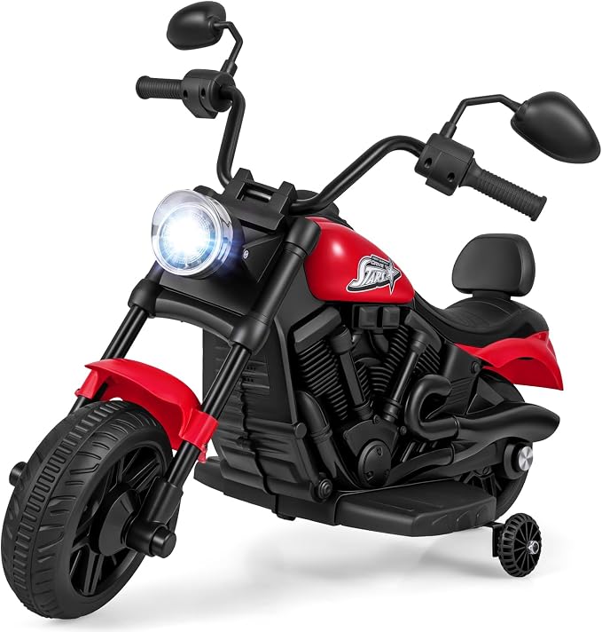 Costzon Kids Motorcycle, 6V Chopper Motorbike Ride on Toy with Headlight, Music, Training Wheels, Electric Toddler Motorcycle for Kids Boys Girls, Gift (Red, 31" x 23" x 22"(L x W x H))