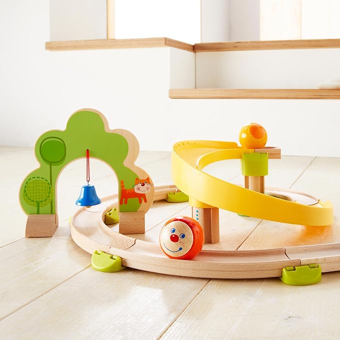 HABA Ball Run - Kullerbu Spiral Track, 26 Piece Wood & Plastic Marble Run Set with Wild Curves & Bell for Kids 2-6, STEM Toy Marble Maze Building Set