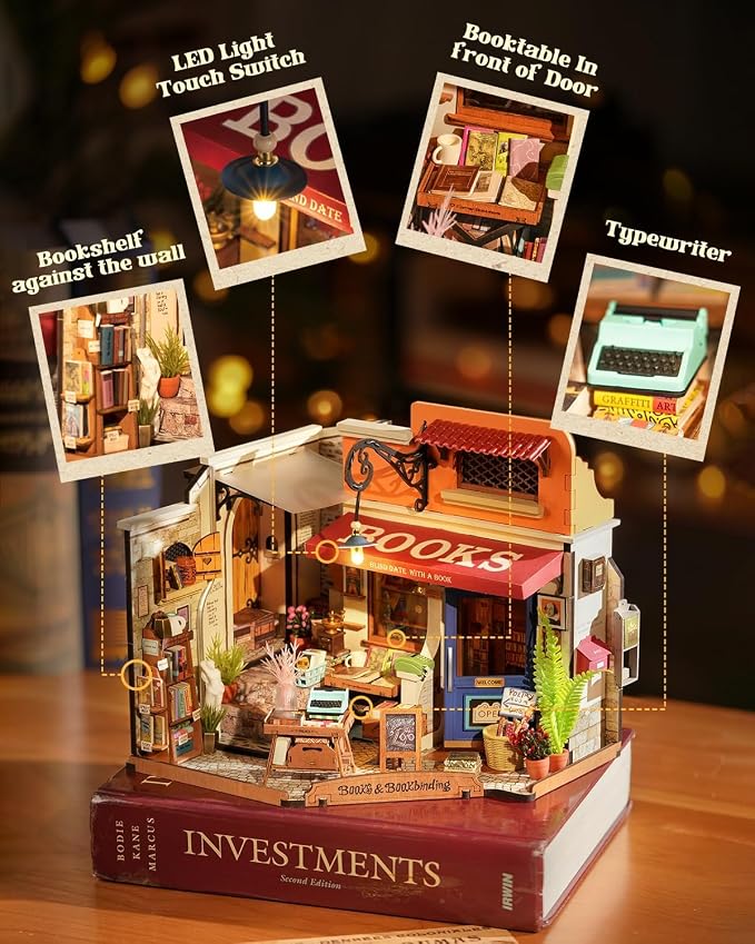 Rowood Miniature House Kit,Mother's Day Mini House Building Kit with LED,DIY Dollhouse Craft Kits for Adults,Birthday for Women Ages 14+(Corner Bookstore)