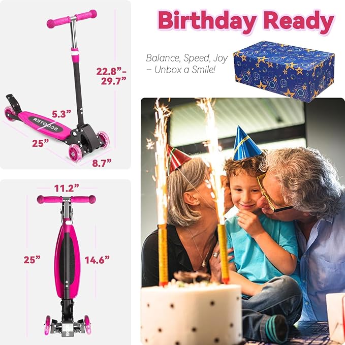 Scooter for Kids Ages 3-5, LED Light Up 3 Wheel Toddler Scooter with 4 Adjustable Heights, Lean-to-Steer Wheels, Safe Metal Brake, Foldable Kick Scooter for Boys Girls, Support 120 lbs, Birthday Gift