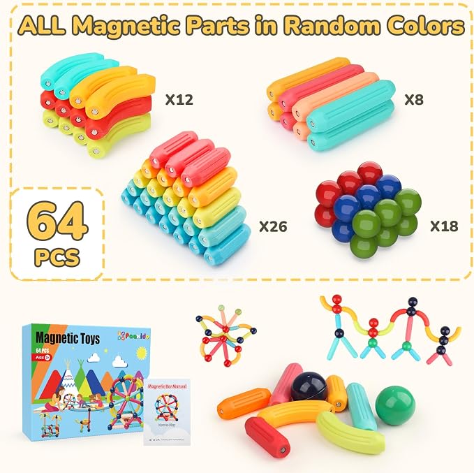 Paaxido 64PCS Magnetic Building Blocks - Montessori Sensory Toys with Stronger Magnets, STEM Learning Toys for Kids, Creative Construction DIY Kit Gift for Boys & Girls