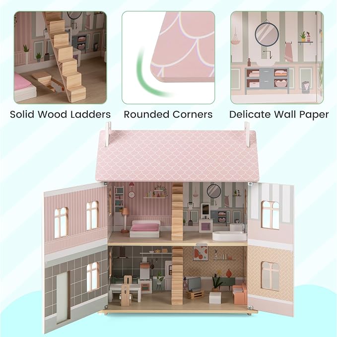 Costzon Wooden Dollhouse for Kids, 3-Level Dollhouse Playset with Double-Sided Roofs, 19 Furniture & Accessories, 5 Rooms, Pretend Play Toddler Doll House, Gift for Kids Aged 3+ (Multicolor)