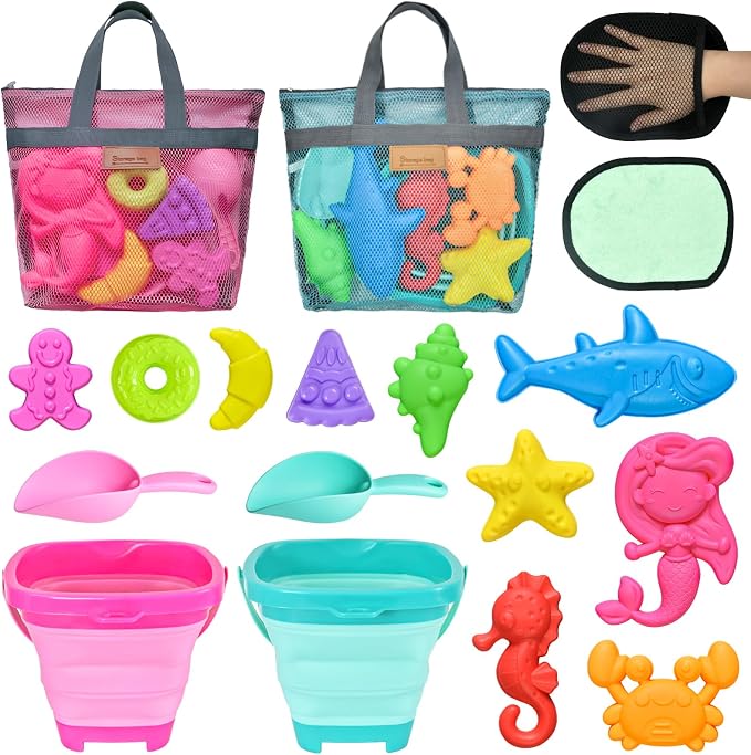 Collapsible Beach Sand Toys for Kids - Travel Beach Toys with 2 Collapsible Beach Buckets, Mesh Bags, Animal Sand Molds, Sand Bucket Shovel Set Sandbox Toy for Toddlers Kids
