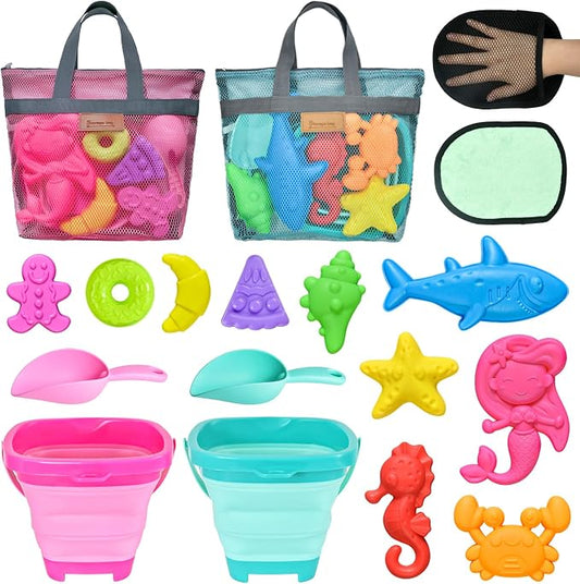 Collapsible Beach Sand Toys for Kids - Travel Beach Toys with 2 Collapsible Beach Buckets, Mesh Bags, Animal Sand Molds, Sand Bucket Shovel Set Sandbox Toy for Toddlers Kids
