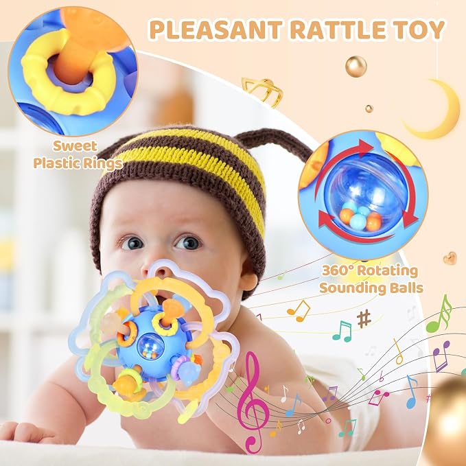 Baby Rattle Teething Toys, Baby Ball Teether Toys for 0 3 6 9 12 18 Months, Silicone Montessori Teethers with Rattle Ball for Newborn Infant, Sensory Delopmental Gift for Boys Girls, Blue