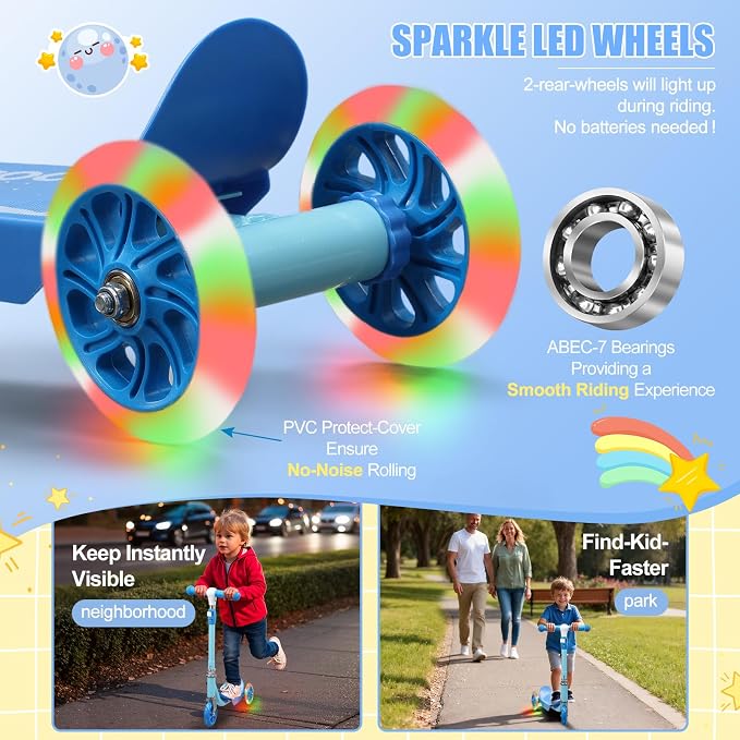 Kick Scooters for Kids 3-5 5-7 Years Age - Handlebars Flexible Steer,Height Adjustable,Stable Light Up Three Wheeled Toddler Scooter for Boy & Girl,Indoor Outdoor Kid Child Toy Gift