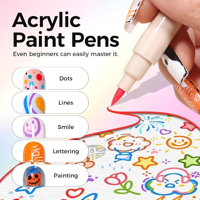 6 Colors Nail Art Pens Set, 3D Nail Polish Pens Quick-Drying Acrylic Paint Markers, Dotting Liner Brush for DIY Nail Design, Home & Salon Manicure Tools