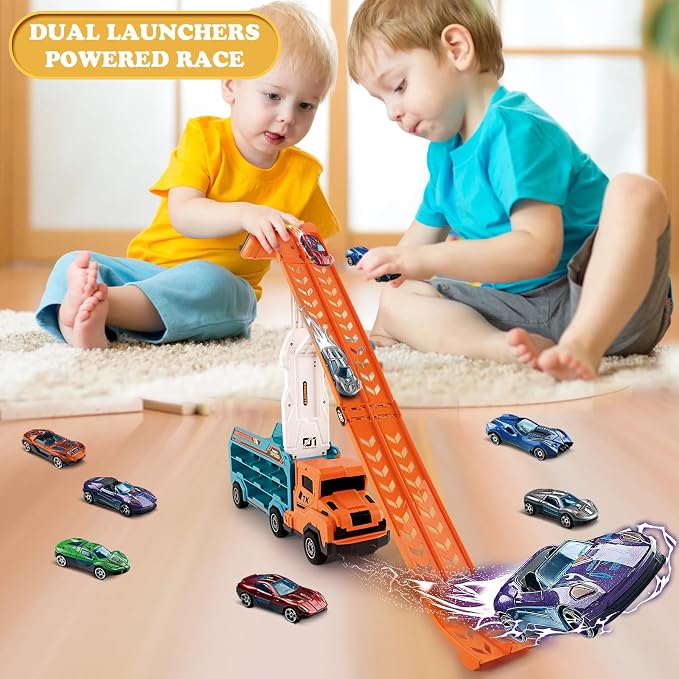 Toddler Car Truck Toys,Car Carrier Truck Toy for Kids Age 3-5 4-8,Foldable Car Track Sets with 2.8-Ft Race Track and 6 Die-Cast Race Cars, Truck Toys Gifts for 3 4 5 6 7 8+ Year Old Boys Girls(orange)