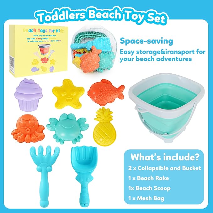 GKDOMS Kids Beach Toys Set with Collapsible Bucket, Sand Molds, Sand Rake and Shovel, Travel Sand Toys Sandplayset for Ages 2-6 (Single Multi)