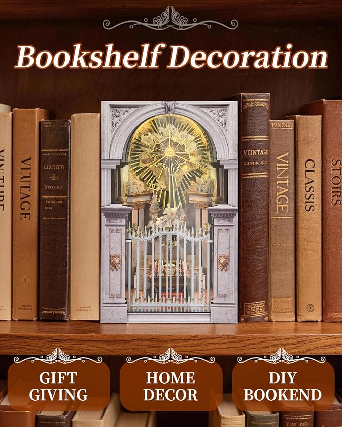 CCCDF DIY Book Nook Kit, Wooden Miniature Dollhouse with LED Light & Dust Cover, 3D Wooden Puzzle Craft for Adults, Religious Architecture Bookshelf Decor (St. Charles Church)