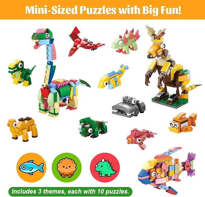 30 Packs Animal Party Favors for Kids, 999+ PCS Mini Building Blocks, 3 Styles Dinosaur/Sea/Forest 10-in-1 Models, Goodie Bag Fillers, Classroom Treasure Box Valentines Gifts for Kids
