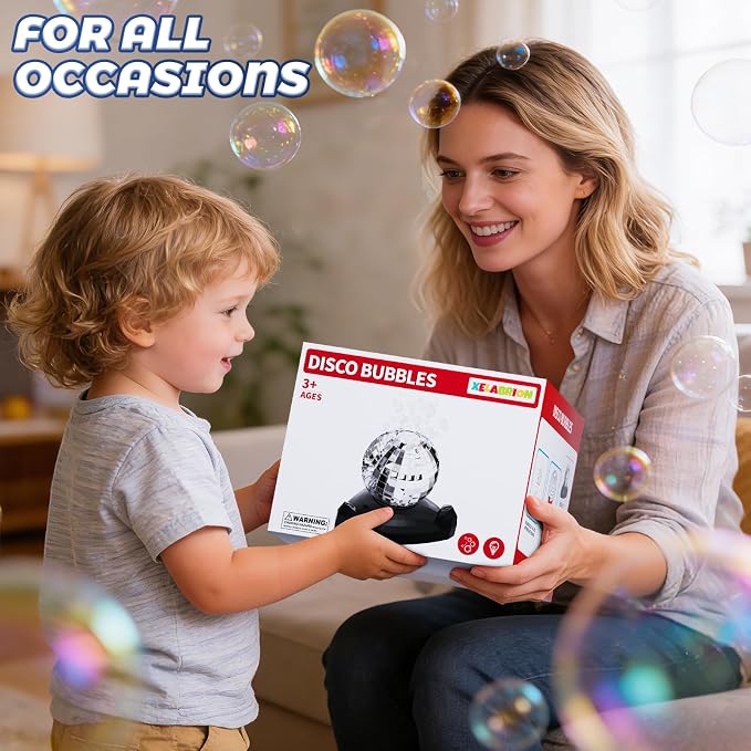 Bubble Machine, Automatic Bubble Blower Maker with 360° Rotating Turntable and LED Lights, Disco Ball Bubble Machine Summer Kids Toys for Weddings Birthdays Party Indoor Outdoor Backyard Camping