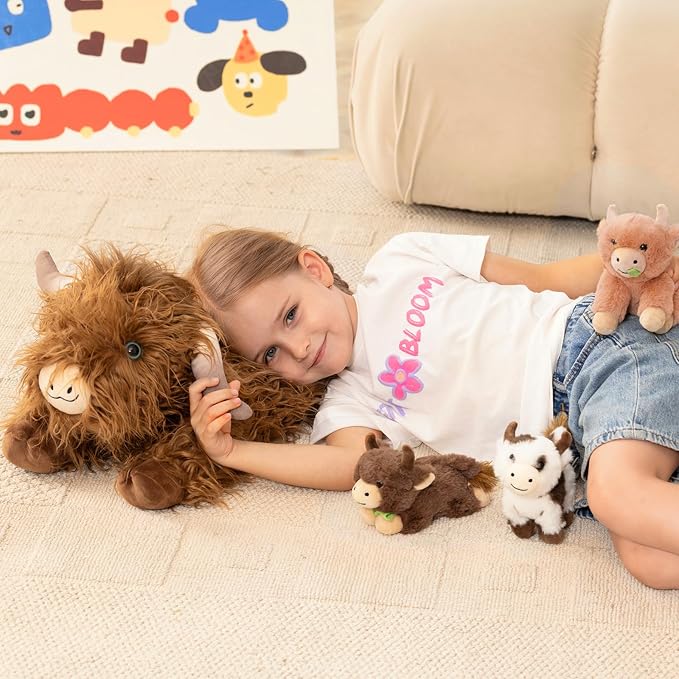 MorisMos Highland Cow Stuffed Animal with Baby Inside Belly,20'' Mommy Brown Highland Cow Gift for Kid Girl Boy Hyland Cow Pillow, Cute Farm/Wildlife Stuffed Animals for Birthday Party Decor