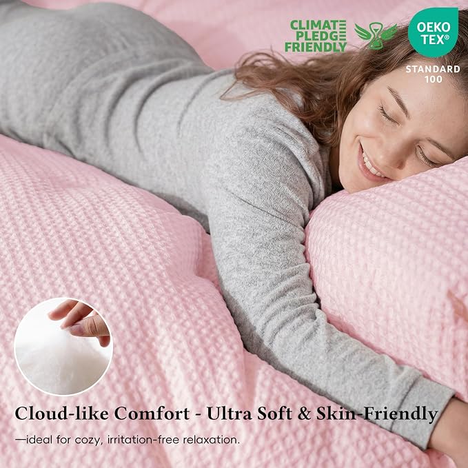 David's Home Waffle Weave Comforter Set 2PCS Twin Size, Soft Breathable Lightweight Cozy Skin-Friendly Warm for All Season, Elegant Aesthetic Home Decor Bedding Set with Pillow Shams, Pink