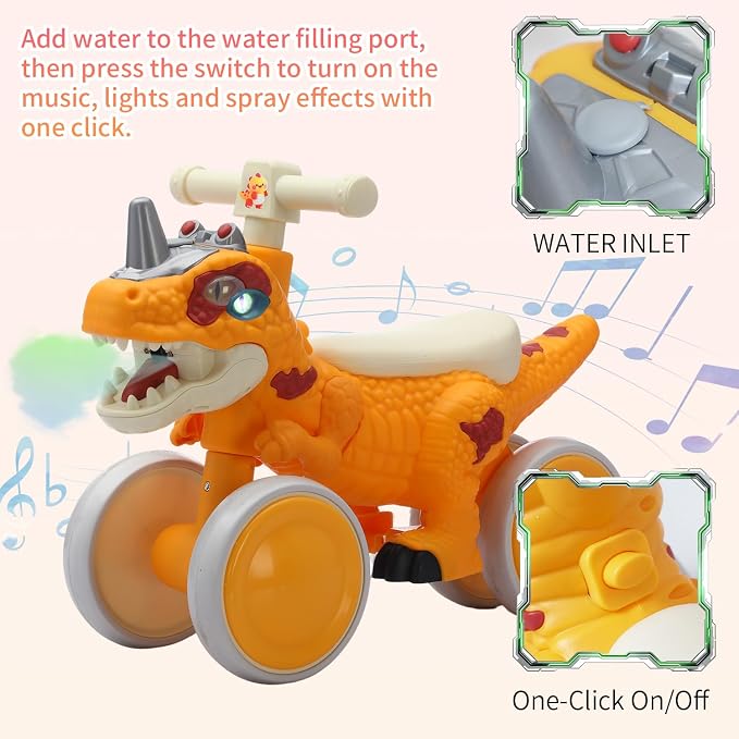 Dinosaur Balance Bike for 1-3 Year Olds, 4-Wheel No-Pedal Bike for Walker, Ride on Toys for Toddlers with Music and Mist Spray, First Birthday Gift for Boys & Girls (Orange)