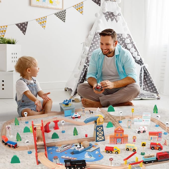 Qilay 121PCS Wooden Train Set with Storage Bag - Busy Port City Wooden Train Track Set Toy for Kids Ages 3+, Compatible with Major Brands, Great Birthday Railway Playset Gift for Boys & Girls