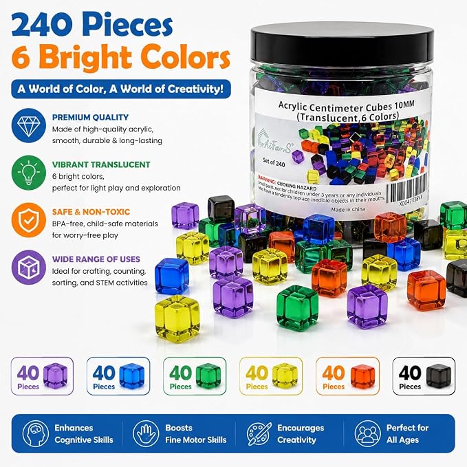 240PCS Centimeter Cubes,Counting/Sorting Toy,Translucent,6 Colors | Counting Cubes,Plastic Math Cubes, Early Development Activity Games, Portable Box