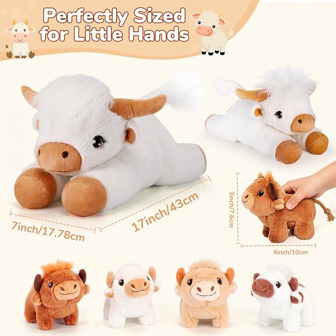 gnomantic Highland Cow Stuffed Animals with Babies, Mommy Toy for Kids | 5-Piece set: 1 mommy highland cow + 4 surprise babies inside. Unzip belly to reveal babies. Ultra-soft, safe for ages 3-8.