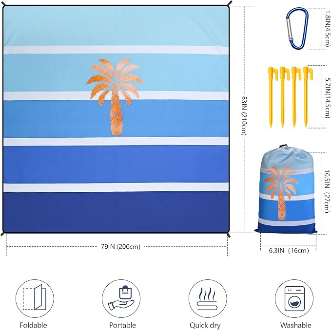 WIWIGO Beach Blanket Waterproof Sandproof Beach Mat 79" X 83"/10'x9'for 2-8 Adults Quick Drying Outdoor Picnic Mat Beach Accessories for Travel, Camping, Hiking
