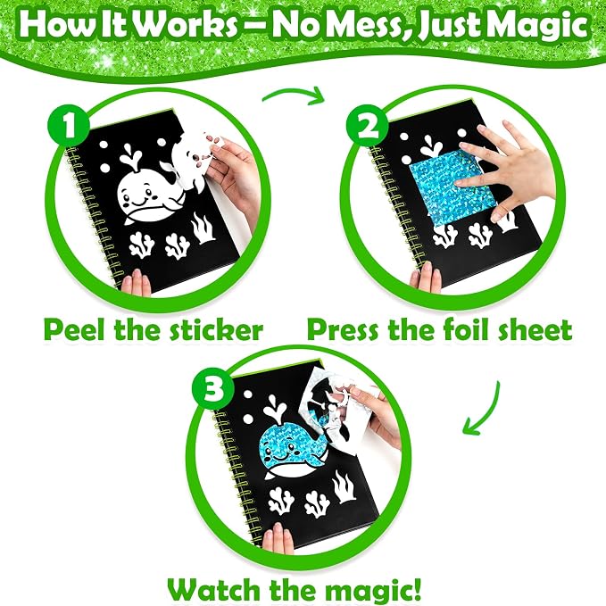 FUNNYB&G Foil Art Craft Kit for Kids 4-10 Years Old: Mess-Free & No-Glue, Create 16 Sparkly Going Green Pictures – Perfect Travel Toy & Birthday Gift for Kids (Going Green)