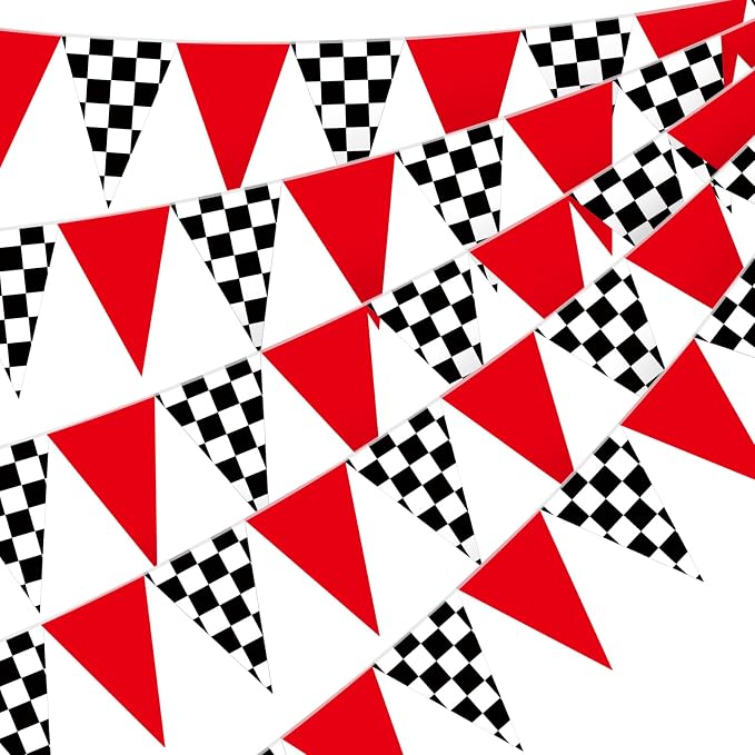 Tiamon 5 Pcs Racing Car Flag Banner Party Decorations Red Black White Checkered Triangle 49.2 Ft Flag Race Car Pennant Banner Garland Streamer for Birthday Baby Shower 2nd Two Fast Party Supply