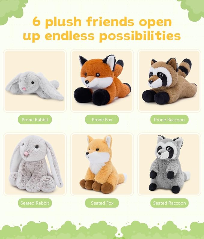 Tezituor 6 Pack Woodland Stuffed Animal Plush Toys, 8 inch Cute Bunny Fox Raccoon Plush Bulk Set, Cuddly Gift for Toddlers & Adults, Ideal for Nursery Decor & Party Favors