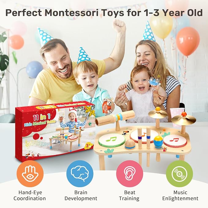 WINGYZ 11-in-1 Toddler Drum Set-Low Noise Wooden Baby Musical Instruments for Toddlers 1-3 & Montessori Musical Toys,Music Table with Bongo Drums, Cymbals, Maracas & Wrist Bells for Early Rhythm Play