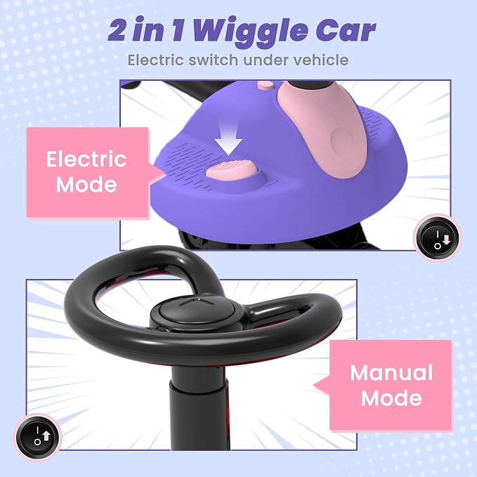 6V Electric Wiggle Car for Kids, 2-in-1 Ride On Swing Toy with Pedal, Adjustable Seat, 360° Steering, LED Flashing Wheels & Built-in Music, Anti-Rollover Ride-on Toy for Toddlers Ages 3+ Pink