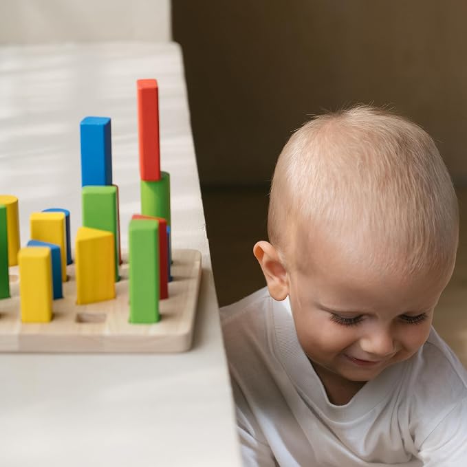 PlanToys® Geometric Peg Board Wooden Shape Sorting & Stacking Toy for Kids Ages 2+ | Montessori STEM Toy for Fine Motor Skills, Color Learning & Coordination | Eco-Friendly Educational Activity