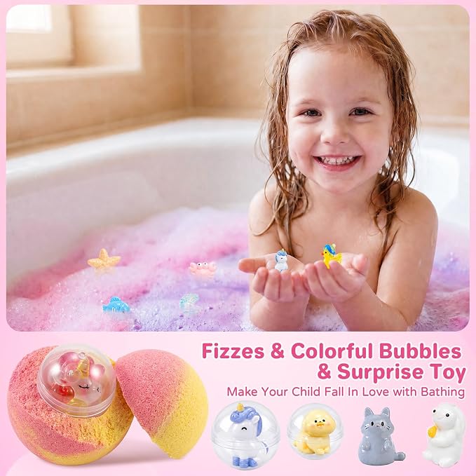 Bath Bombs for Kids with Surprise Inside, 24 Pack Kids Bath Bombs with Toys Inside Gift Set, Kid Bubble Bath Fizzy for Girls Boys with Bath Toys (Pink Edition)