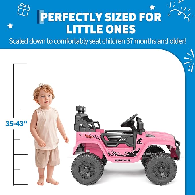 Hetoy 12V Ride on Toys with Parent Remote Control Toddler Electric Vehicle with Spring Suspension, LED Lights, Bluetooth, Music Player, 3 Speeds Ride on Car Truck for Kids Age 3-8 (Pink)