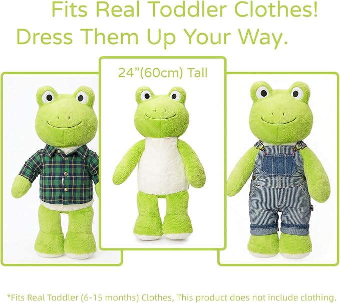WEIGEDU Dressable Stuffed Animal Fits 3-6M Toddler Clothes, 24.8" Large Plush Toy with Long Limbs for Pretend Play, Soft Huggable Companion - Frog