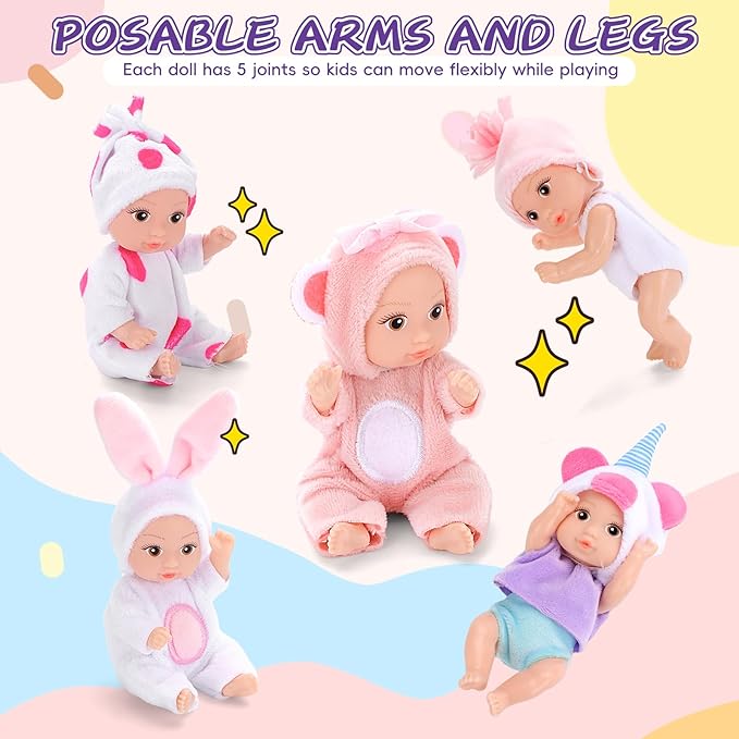 6PCS 4 Inch Realistic Open-Eye Baby Doll Playset - Mini Reborn Baby Dolls with Handmade Pink Clothes, Christmas Easter for Kids Age 3+
